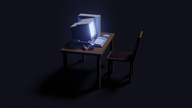 Sala di lavoro retrò con tastiera del mouse del computer sul tavolo con sedia in stile cartone animato rendering 3d low poly