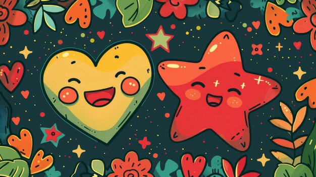 Retro y2k style poster design template set with all psychedelic hearts stars and happy faces Cover in vintage aesthetic with flowers