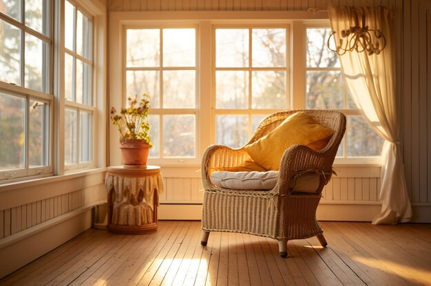 Retro yellow armchair in sunny living room interior Generative AI