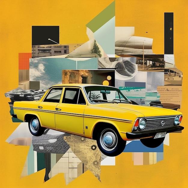 Retro yellow car in the city Vintage collage