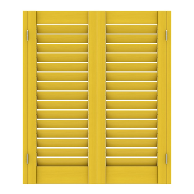 Retro Yellow Wooden Window with Sutters Jalousie on a white background. 3d Rendering