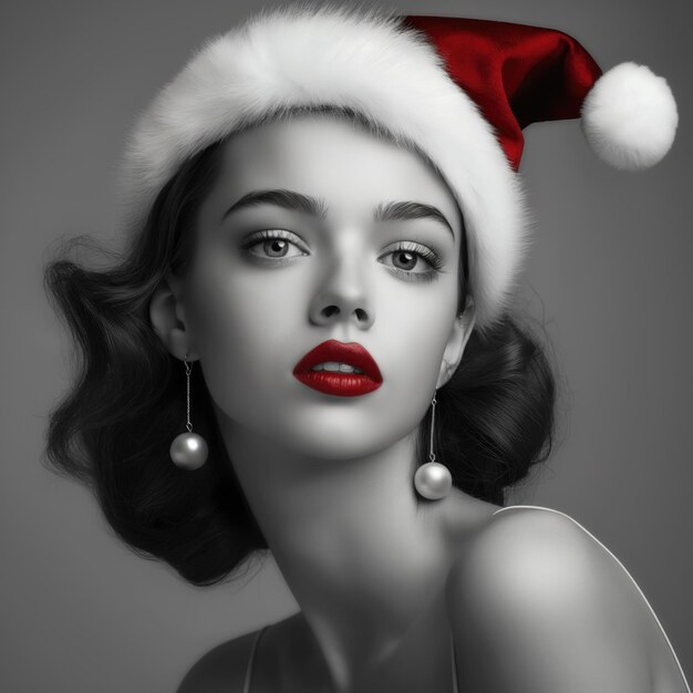 Retro young woman in Santa Claus hat