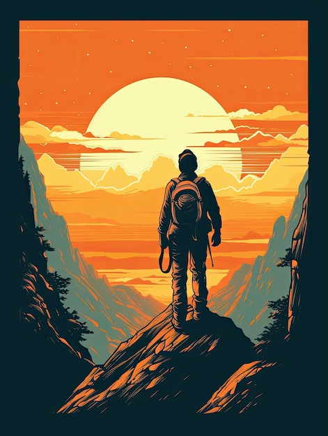 Retro zonsondergang berg wandelen extreem avontuur vintage Print voor T-shirts Generatieve AI