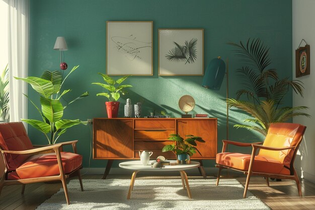 Retrochic living room with midcentury modern furni