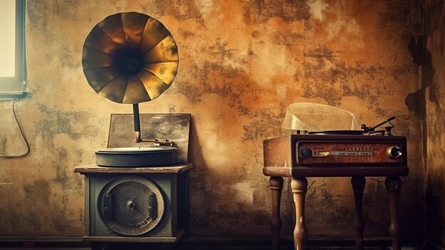 Retrodesign gramophone from the 1960s in a grunge room Music blaster