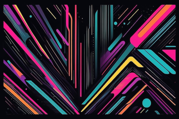 retrofuturism poster design in trend retro line style and neon colors on black dark background