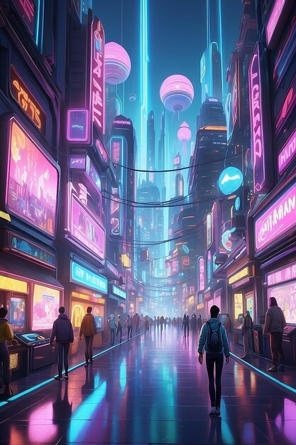 A retrofuturistic arcade city with holographic game characters roaming the streets