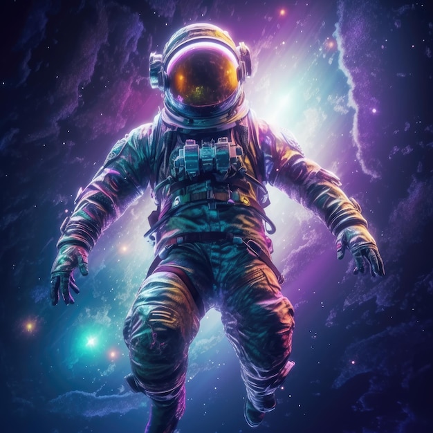 a retrofuturistic astronaut floating in a beautiful colorful starfield