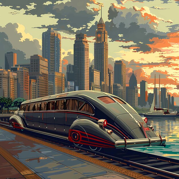 Photo retrofuturistic cityscape with streamlined train at sunset