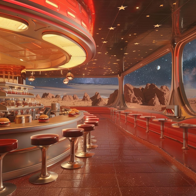 Retrofuturistic diner on Mars burgers and milkshakes stars beyond