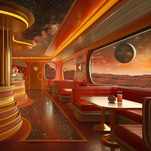 Retrofuturistic diner on Mars burgers and milkshakes stars beyond