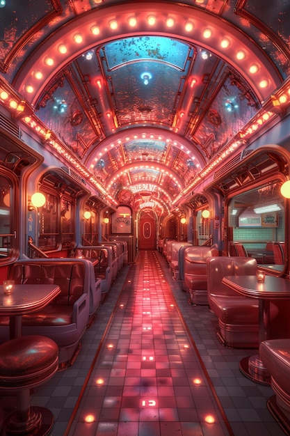 Retrofuturistic diner with chrome accents and neon lighting d render