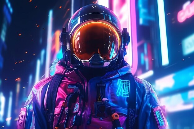 Retrofuturistic illustration of astronaut in futuristic neon lit cyberpunk city Neon pink blue violet night astronaut Generative ai Illustration art