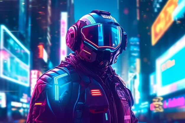 Retrofuturistic illustration of astronaut in futuristic neon lit cyberpunk city Neon pink blue violet night astronaut Generative ai Illustration art