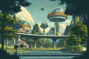 Photo retrofuturistic landscape in midcentury scifi style retro science fiction scene with futuristic city buildings