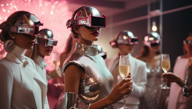 Retrofuturistic photo of party in futuristic fashion