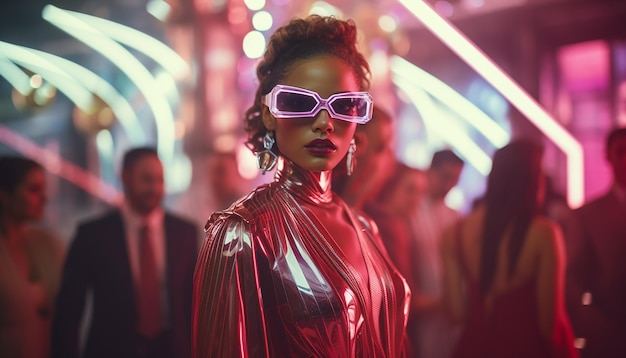 Retrofuturistic photo of party in futuristic fashion