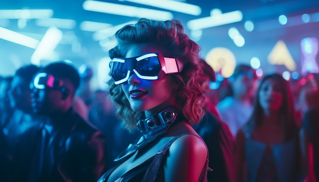 Retrofuturistic photo of party in futuristic fashion