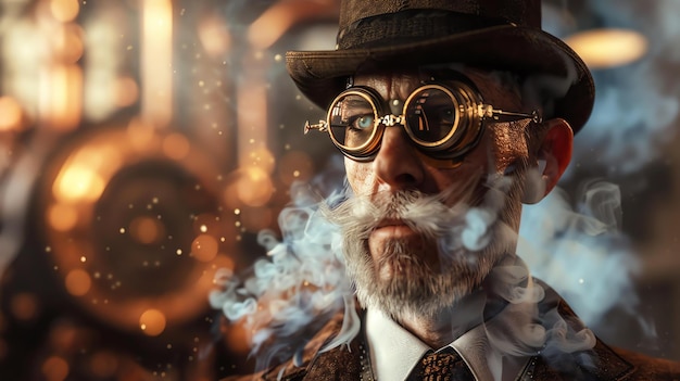 Retrofuturistic portrait of a distinguished gentleman wearing a steampunk style hat and goggles