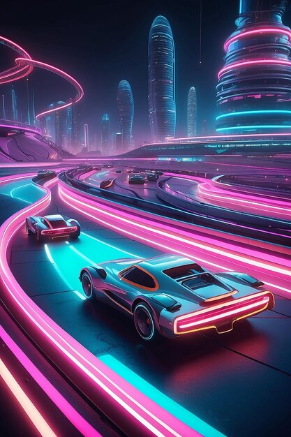 A retrofuturistic racetrack with hovercars speeding around neonlit curves