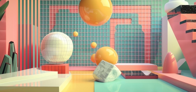 retroinspired flying elements against a futuristic backdrop 3d style isolated flying objects memphis style 3d render ai generated illustration