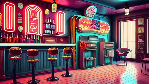 Retroinspired gaming room with arcade cabinets and neon signs