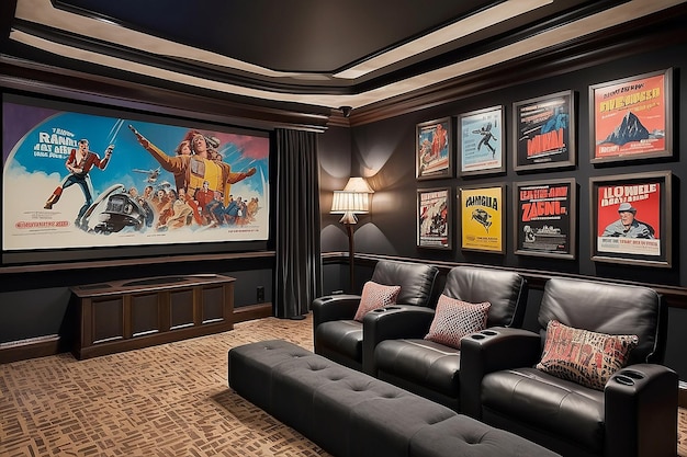 Retroinspired home theater with vintage movie posters and plush seating