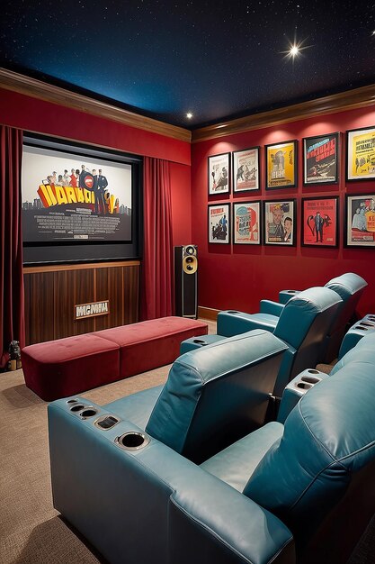 Retroinspired home theater with vintage movie posters and plush seating