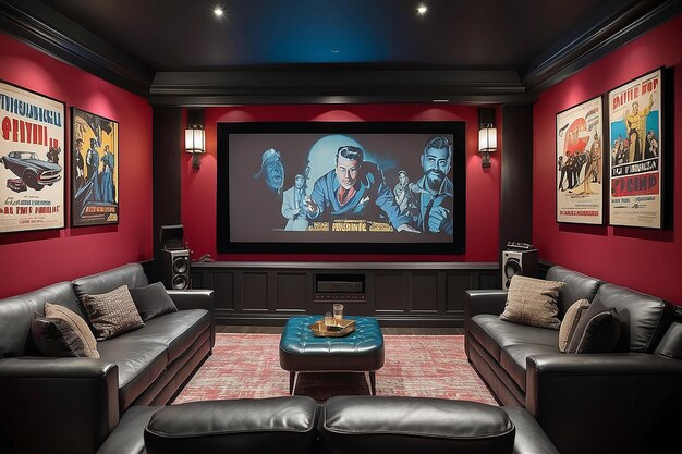 Retroinspired home theater with vintage movie posters and plush seating