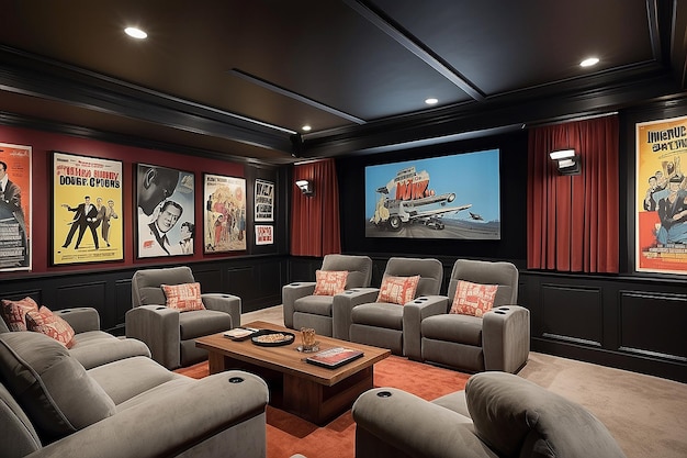 Retroinspired home theater with vintage movie posters and plush seating