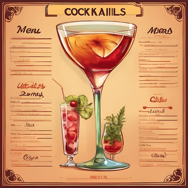 Foto un menu retro-ispirato elenca cocktail classici insieme a tocchi moderni