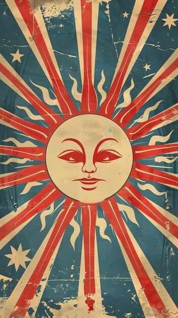 Foto un poster retro-ispirato con un simbolo del sole vintage e le parole energia solare stile italiano illustrazione generata dall'ia