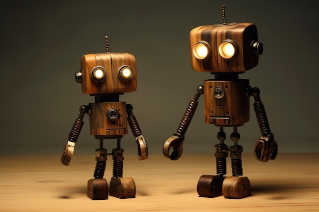 Retroinspired Wooden Robot With Light Bulb Head