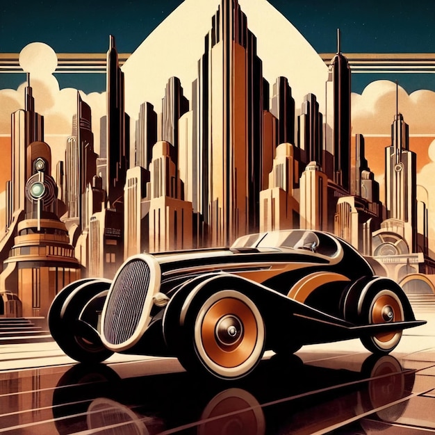 Foto auto retromoderna in città illustrazione vintage art deco