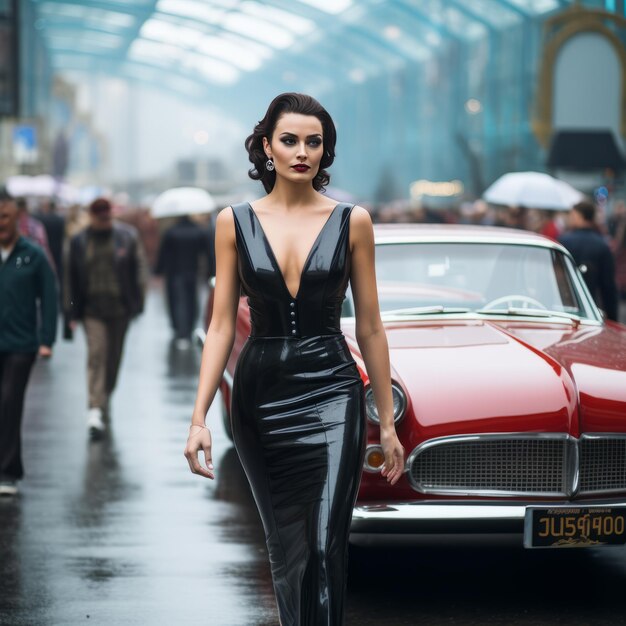 Photo retrospective elegance unveiling the cinematic charisma of a latex goddess amidst vintage wheels