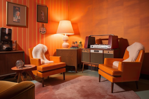 Foto retrostijl kamer met pluche en gezellige fauteuils vintage radio en retro platenspeler