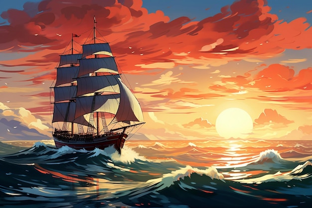 레트로 스타일 AiGenerated Windship with Nostalgic Sunset