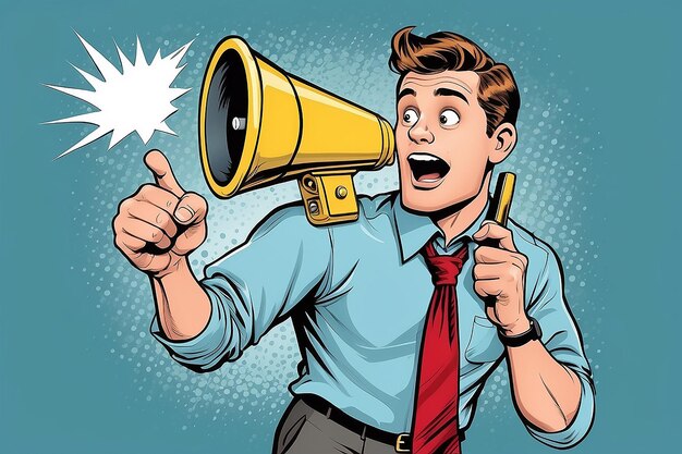 Photo retrostyle humorous cartoon of a young businessman in shirt and tie holding a megaphone