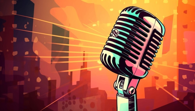 Retrostyle microphone on a stage with bokeh lights in the background Illustrator Microphone