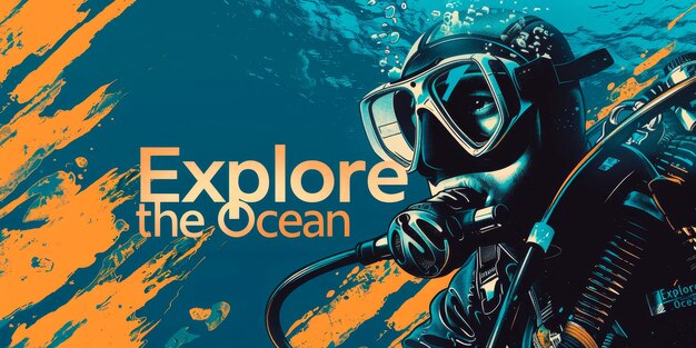 Foto poster in stile retrostile con un subacqueo e explore the ocean