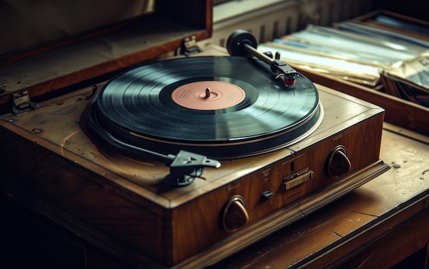 A retrostyle record player sits atop a wooden cabinet with vinyl records and audio components creating a nostalgic and cozy atmosphere