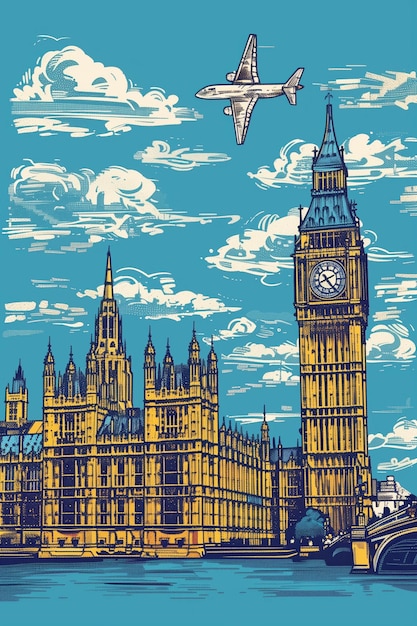 A retrostyle vector illustration of Londons iconic Parliament with overhead plane AI Generated