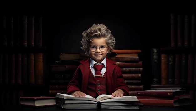 Ребенок в ретро-стиле в очках грациозно держит книгу в формальной одежде Сгенерировано AI