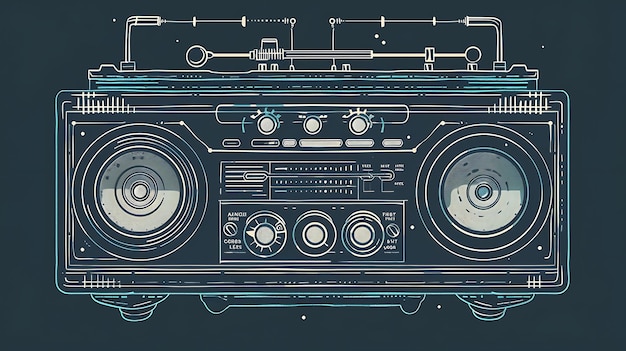 A retrostyled illustration of a vintage boombox The image is drawn in a simple lineart style and features a blue and black color scheme