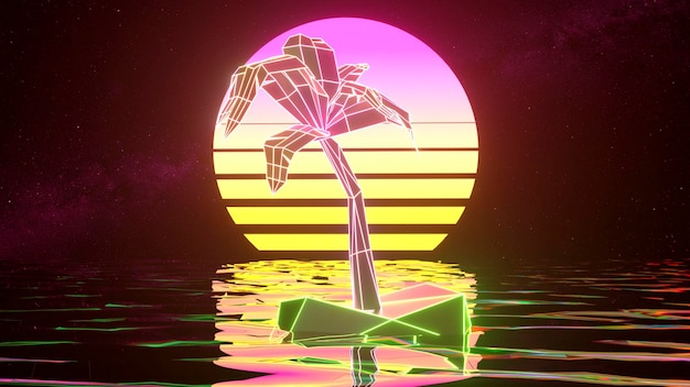 Retrowave 3d illustration of vintage 8039s gradient colored sunset with palm trees Yellow pink color Closeup Ocean