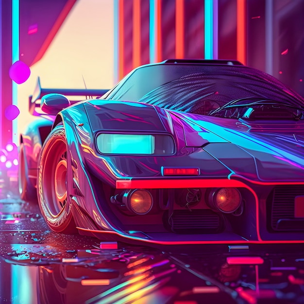 Retrowave car landscape synthwave illustration