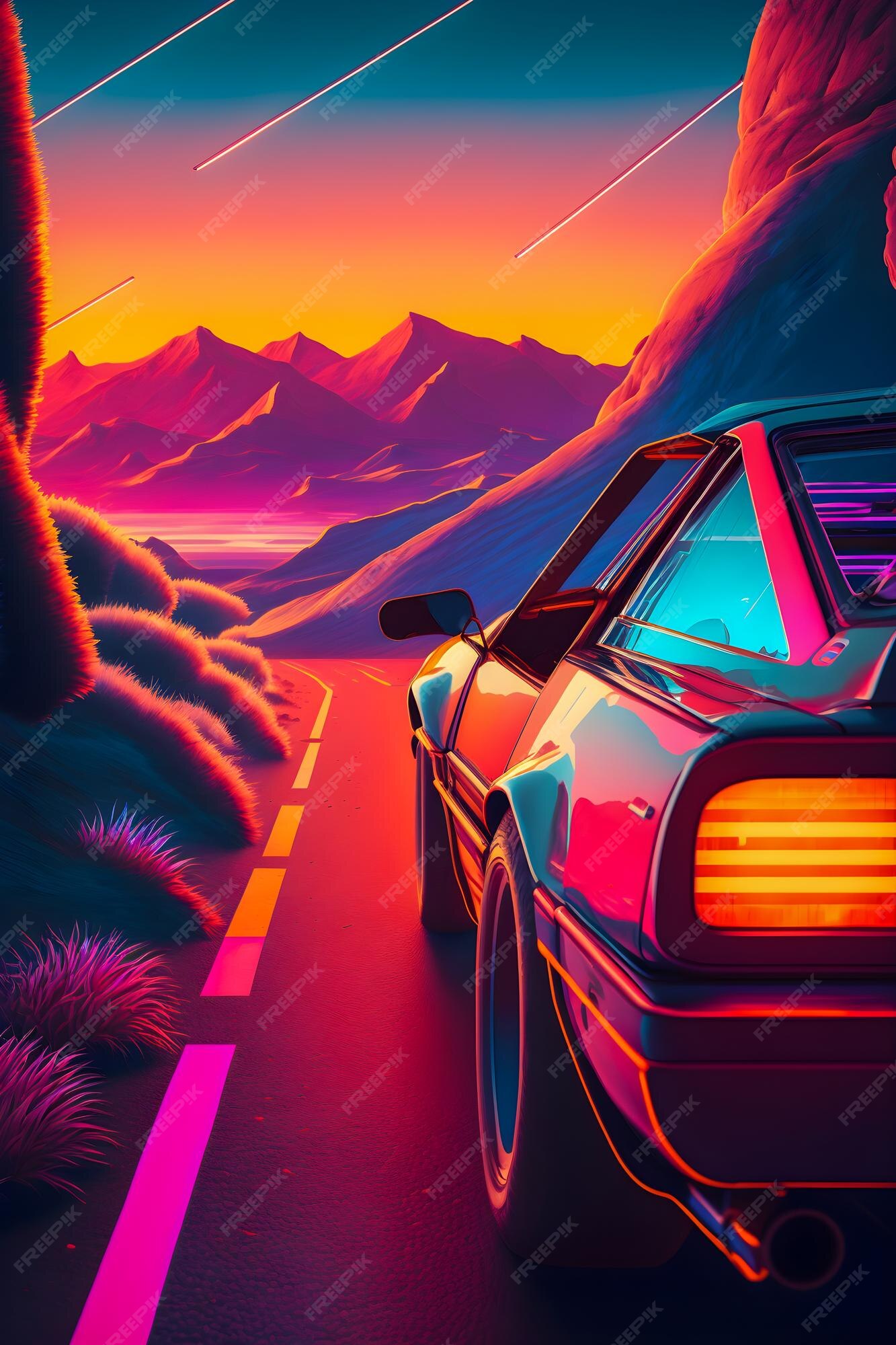 Premium Photo | Retrowave car landscape synthwave illustration