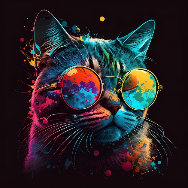 Retrowave cat portrait with black background