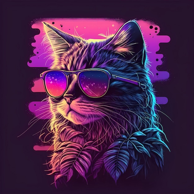 Photo retrowave cat portrait with black background