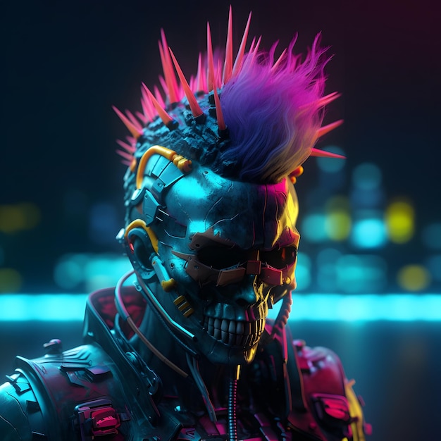레트로웨이브 사이버펑크 사이보그 로봇 범죄 해커 공상과학 두개골의 3D 삽화 모호크 머리카락을 가진 사이보그 Generative Ai
